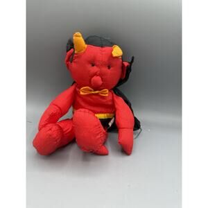 Vintage Red Devil Plush Doll 12” Black Cape Yellow Bow Halloween Stuffed